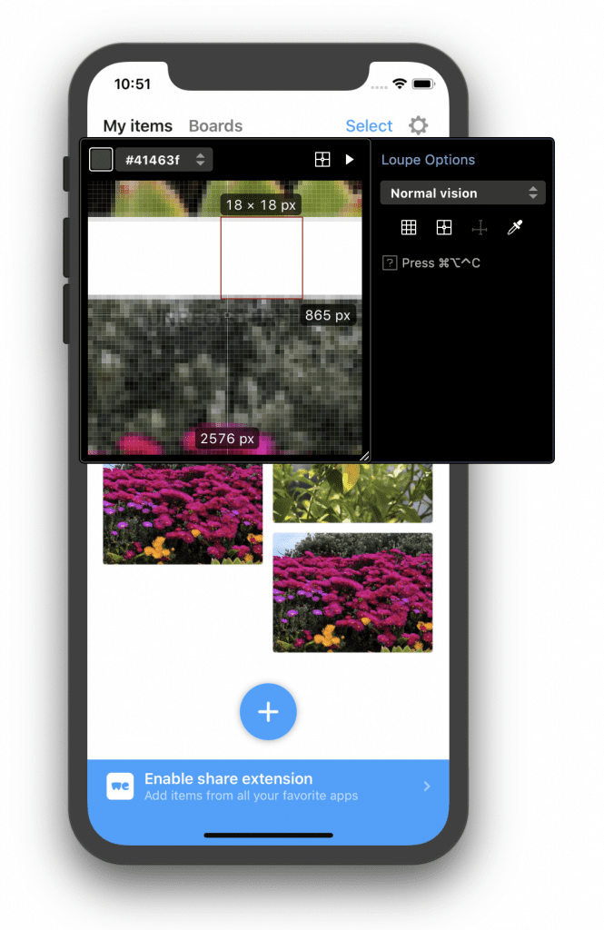 The Loupe enabled in xScope to measure distance in the UI
