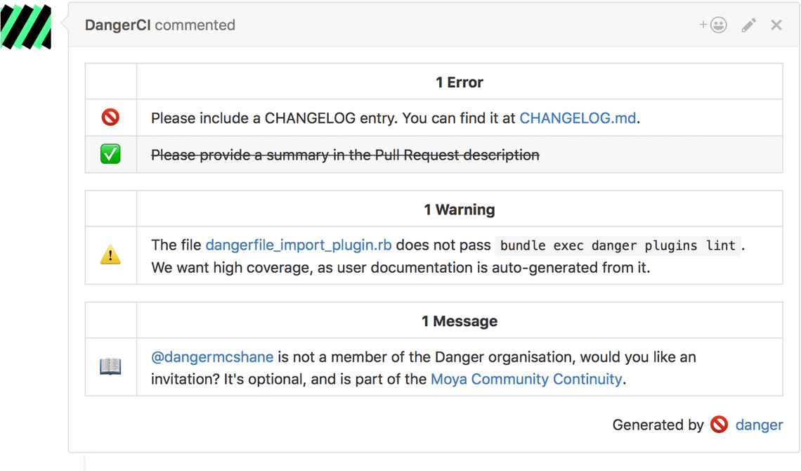 An example of a Danger Plugins results inside a comment.