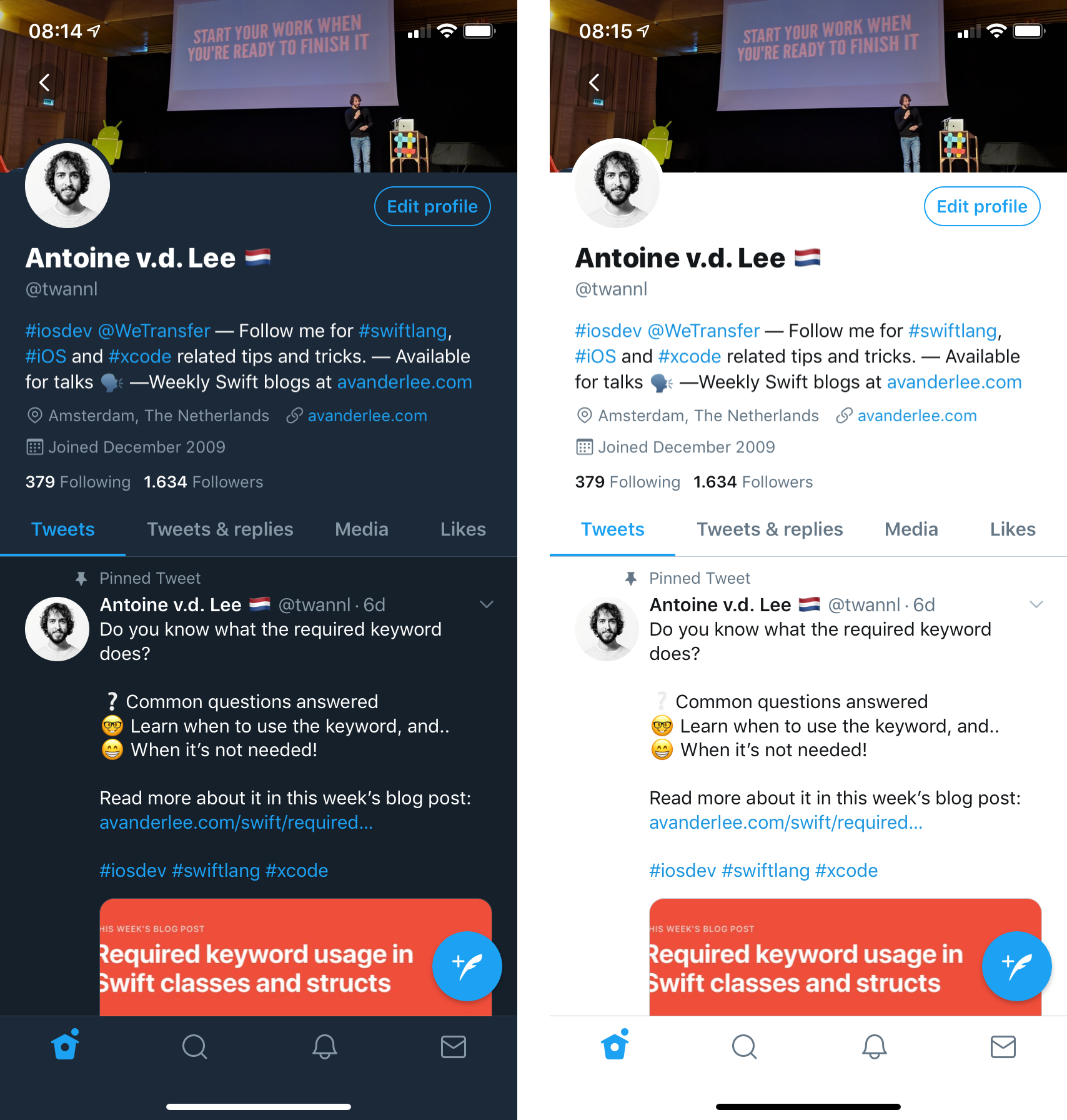 Dark mode vs light mode inside the Twitter iOS app