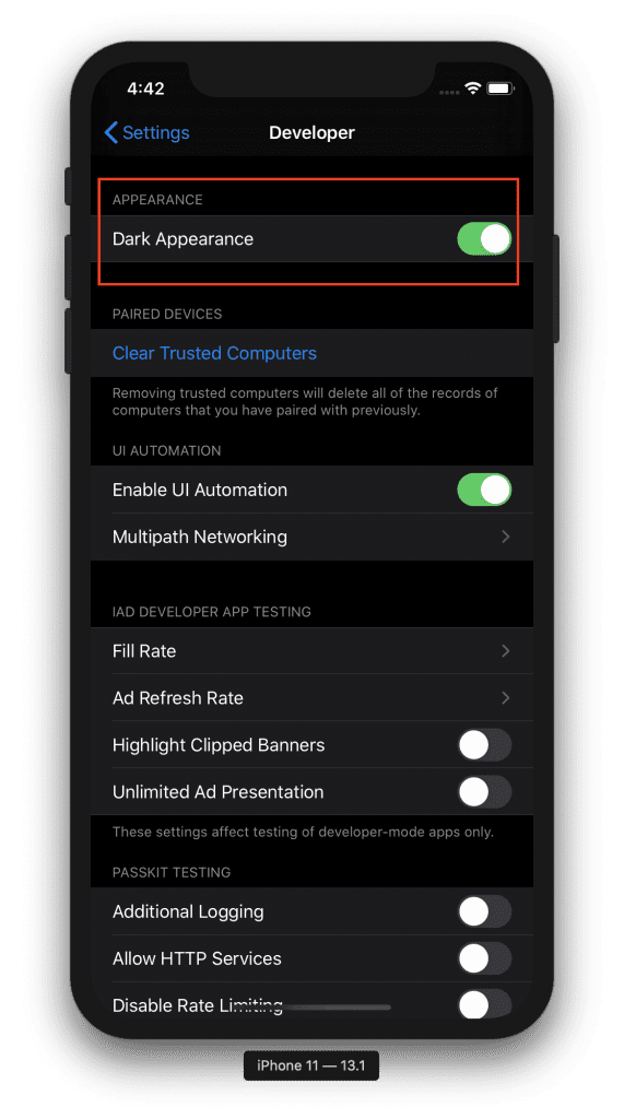 Enabling Dark Mode on the Simulator