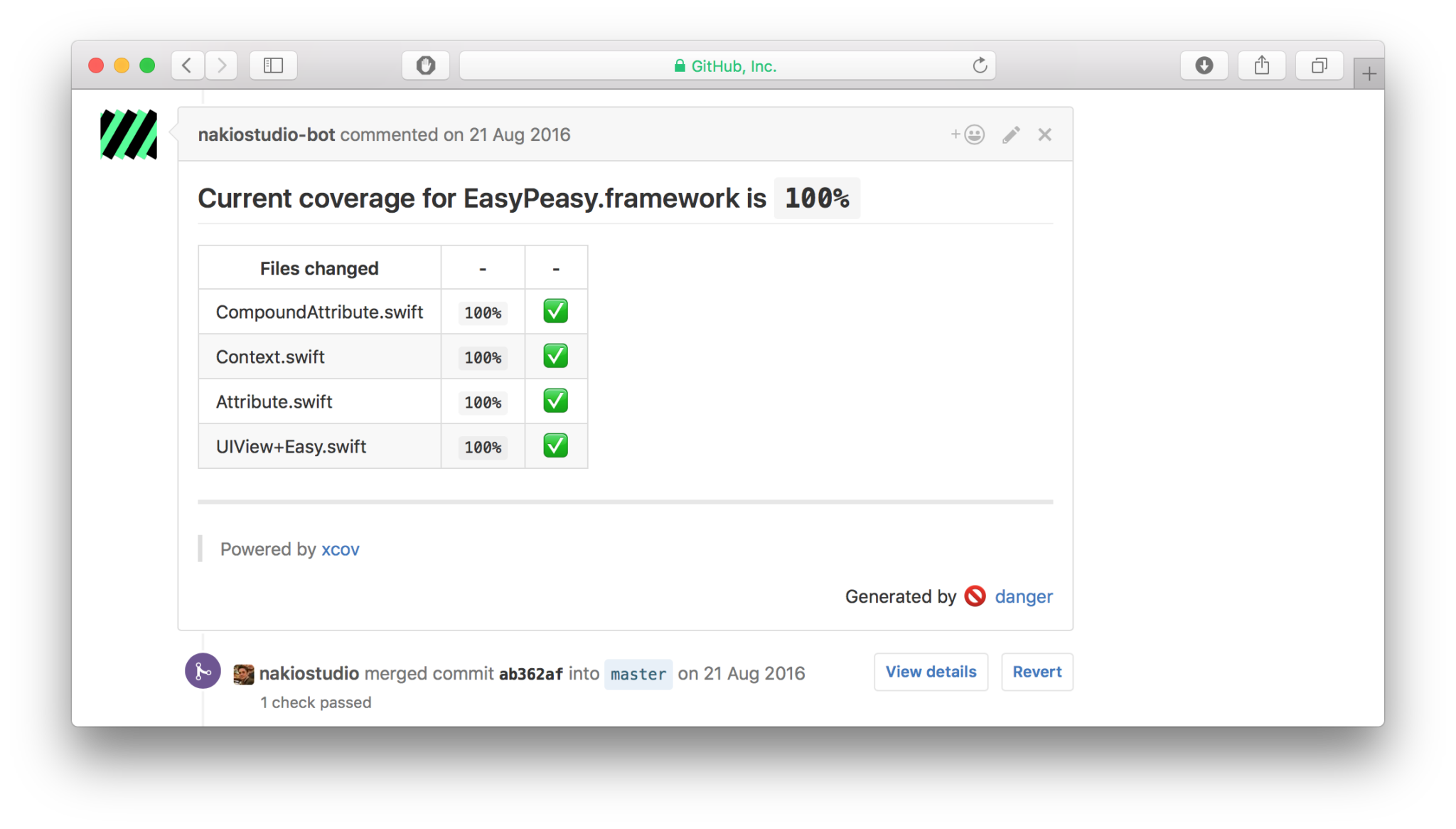 An example overview of displayed code coverage