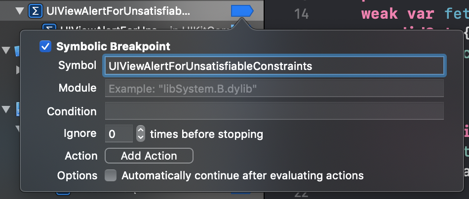 Adding a symbolic breakpoint for UIViewAlertForUnsatisfiableConstraints