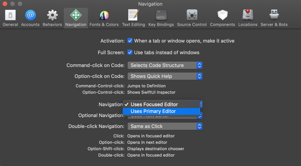 Changing the Xcode 11 Navigation behavior