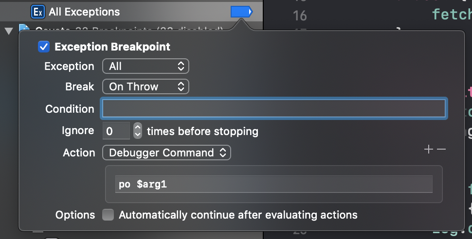 Printing out arguments in an exception breakpoint