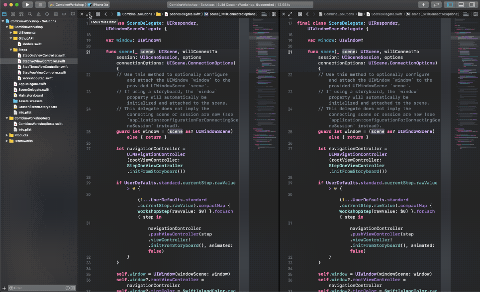 Focus an editor in Xcode