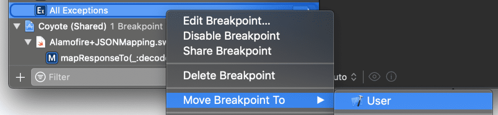 Moving a breakpoint in Xcode