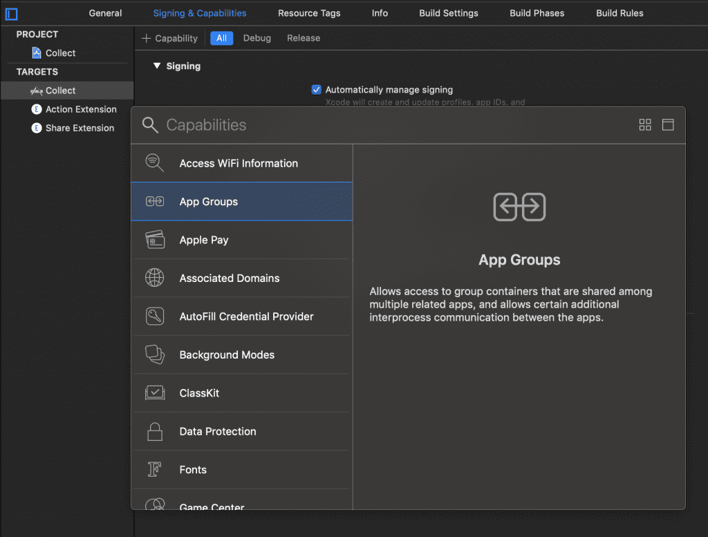 Adding an app group to your project for Core Data sharing