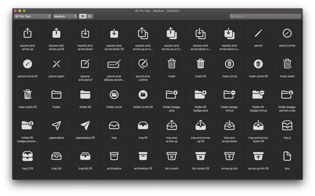 The SF Symbols Mac app with an overview of all the symbols