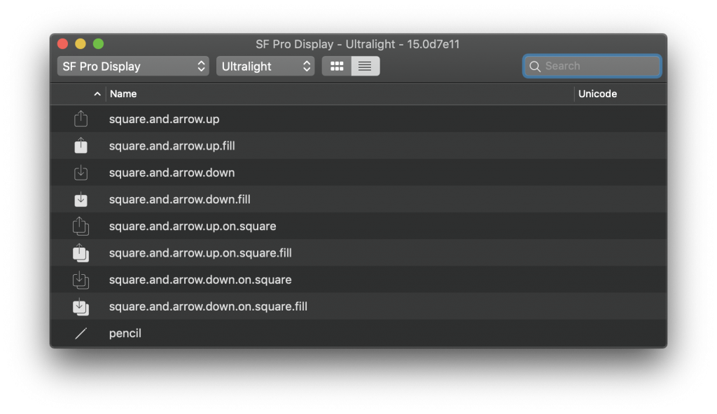 An overview of the symbols in a list view