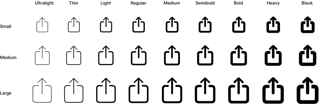 An SF Symbol example with all its scales and weights