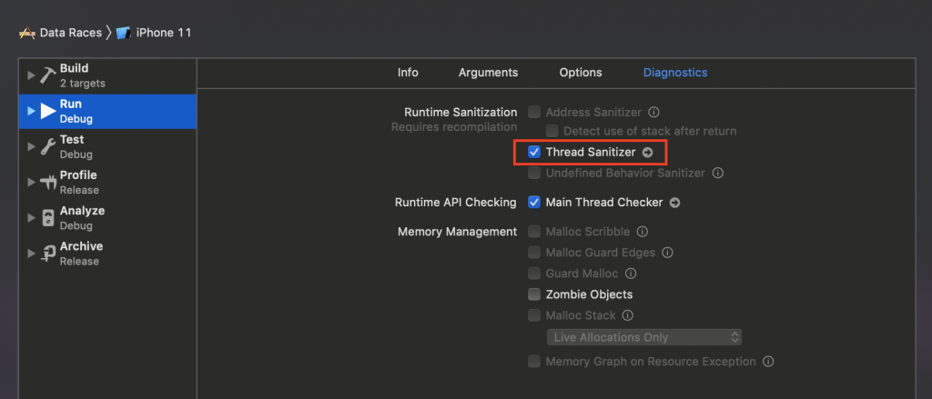 The Thread Sanitizer can be enabled from the scheme configuration