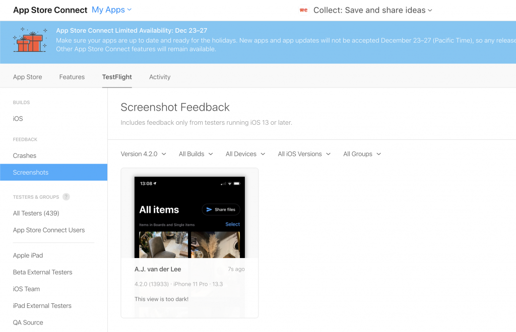 An overview of TestFlight feedback in App Store Connect