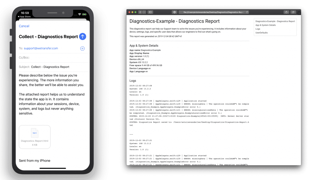 An example of the Diagnostics framework by WeTransfer