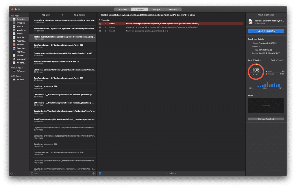 An overview of occurred crashes in the Xcode organizer