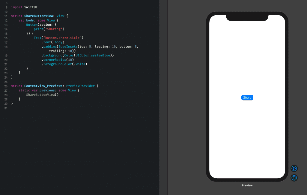 The SwiftUI Preview as shown by default.