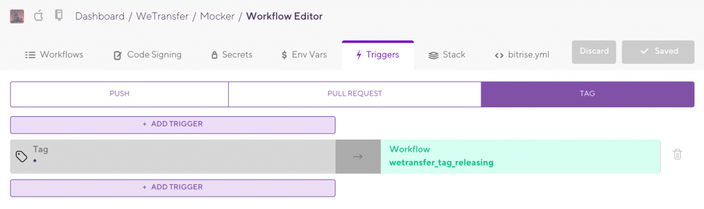 Bitrise provides triggers to run a workflow once a new tag is pushed