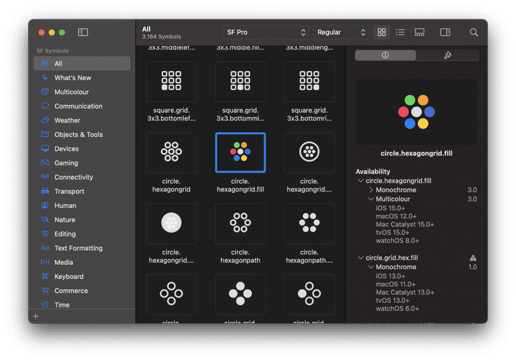 SF Symbols rendering mode availability as shown in the app.