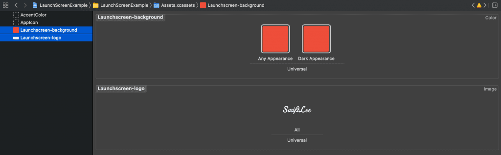 The assets catalog configuration for the background color and image.