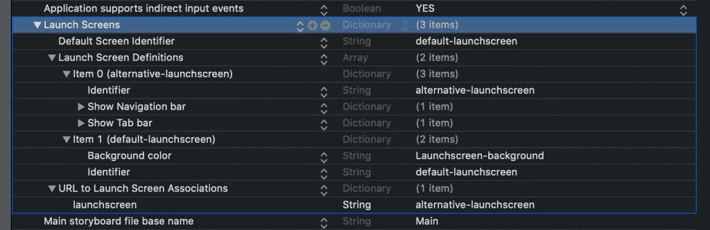 An example configuration of multiple launch screens