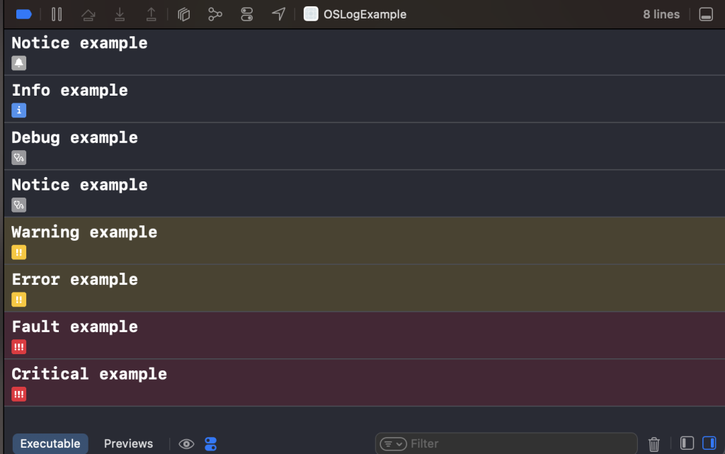 Each OSLog level has a different output inside Xcode's console.