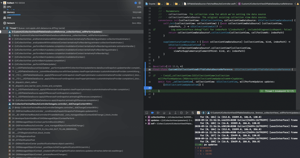 Debugging diffable data sources in Core Data