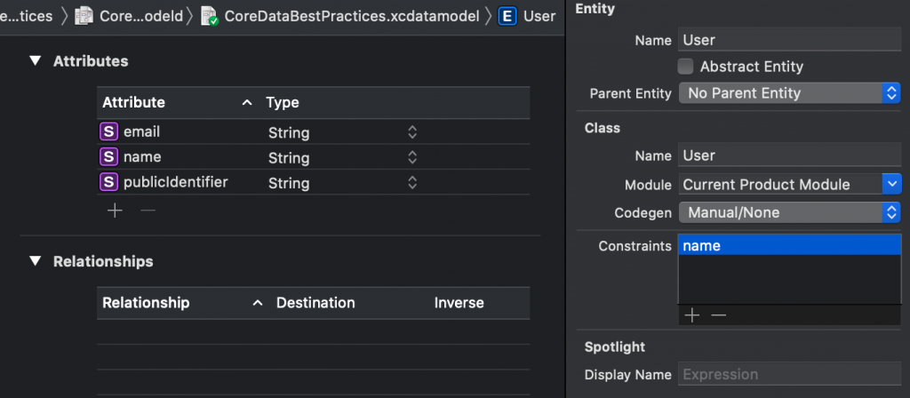 Configuring constraints in a Core Data entity.