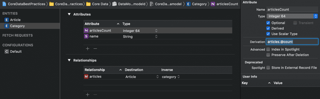 A derived attribute example in Core Data using an aggregate function.