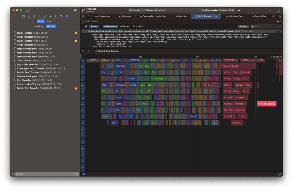 The Build Timeline shows a run script that we can potentially optimize.