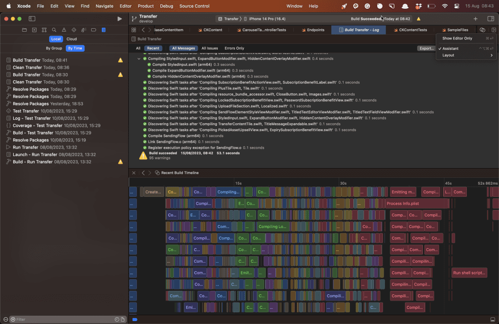 The Xcode Build Timeline gives you details about your build performance.