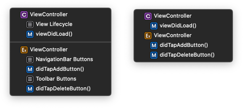 An example of the method navigator with and without mark comments.