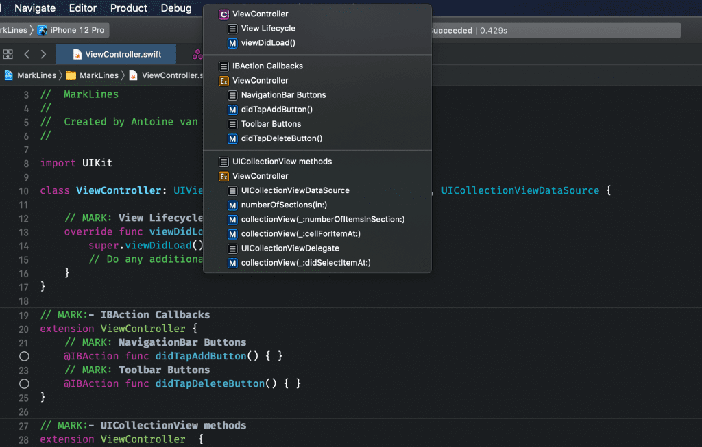 An example of using Xcode Mark Lines in a view controller.