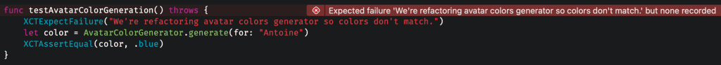 An expected failure is configured while there are none reported. The test fails.