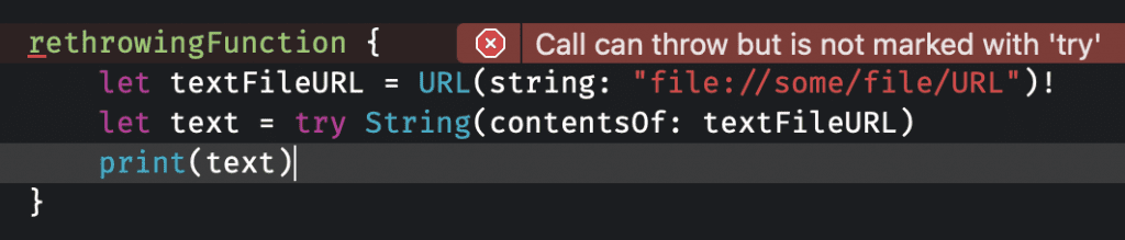 The compiler indicates that our rethrows method isn't marked with 'try'