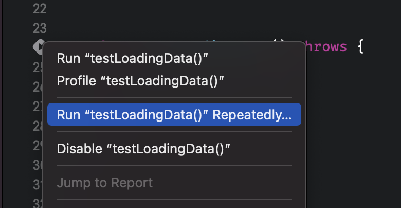 Accessing the test repetitions configuration in Xcode.