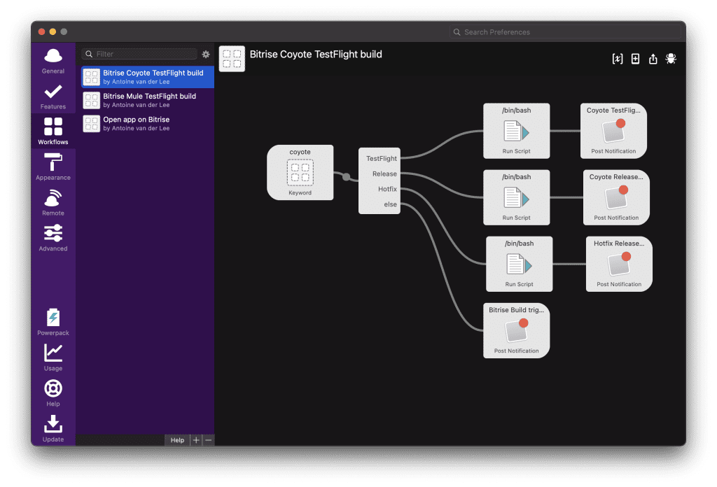 You can use Alfred to automate flows for development effectiveness visually.