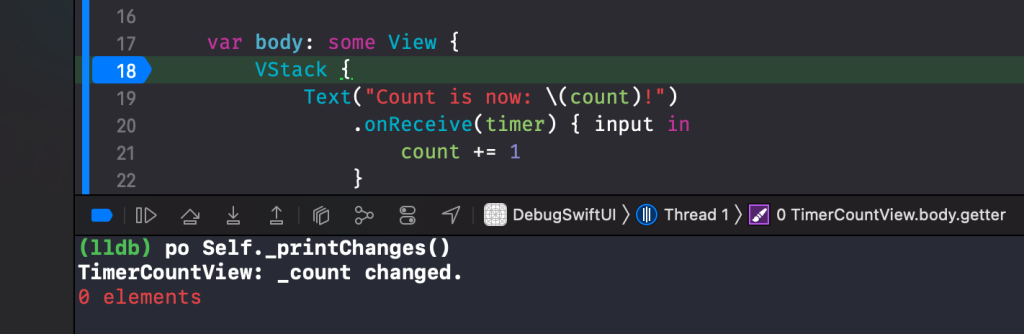 Debugging SwiftUI views using Self._printChanges() to find a redraw trigger.