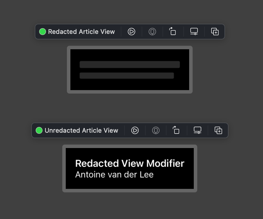 The redacted view modifier is enabled on the first SwiftUI view, compared to an unredacted view at the bottom.