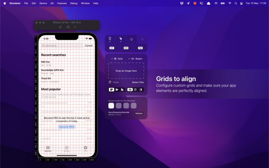 Grids are shown on top of the Simulator to align elements within your apps.