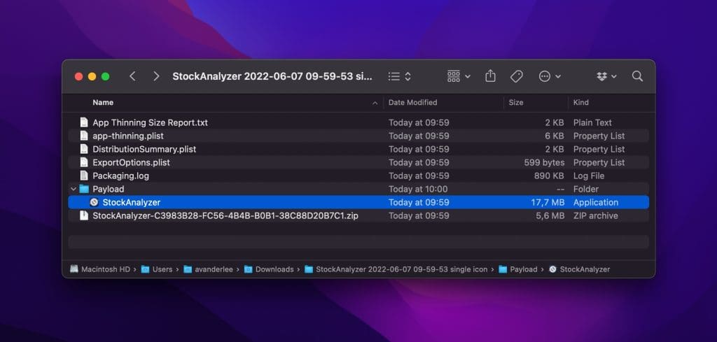 The resulting .app file after extracting  single-size defined .ipa file.