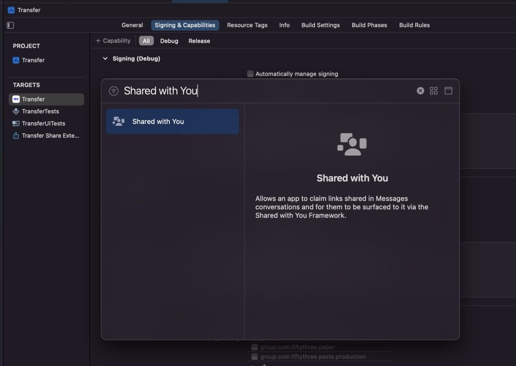 Add the Shared with You capability in Xcode.