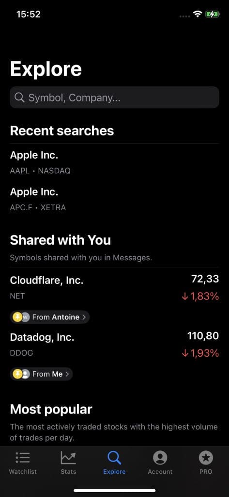 An example of a Shared with You shelf inside Stock Analyzer.