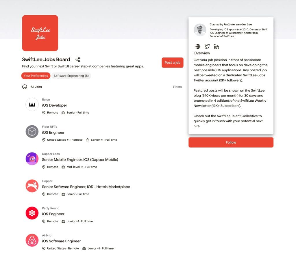 The SwiftLee Jobs Board promotes open job positions related to Swift.