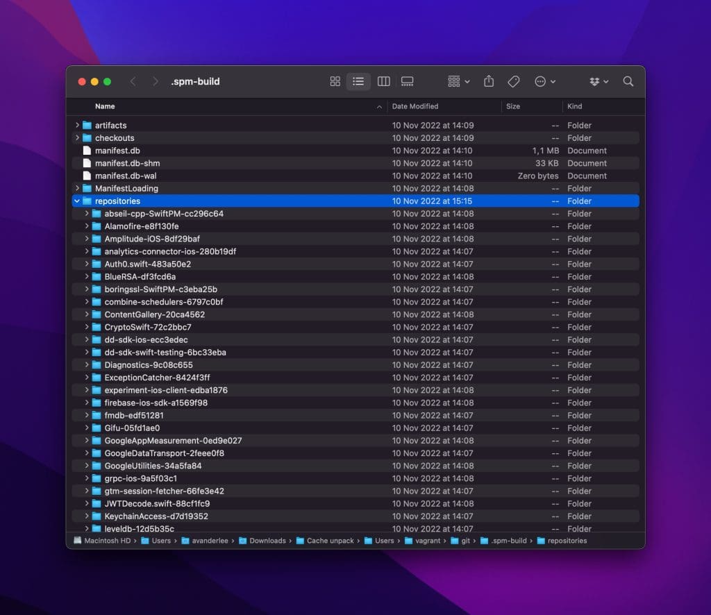 An example of the folder structure Swift Package Manager uses for caching.