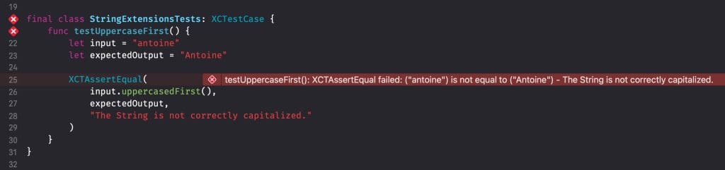 The unit test failed as the input didn't match the expected output.