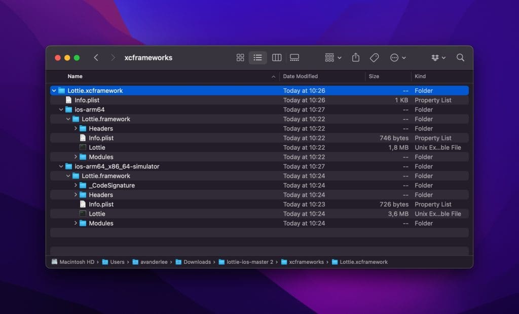 The folder structure of the xcframework we've generated for Lottie.