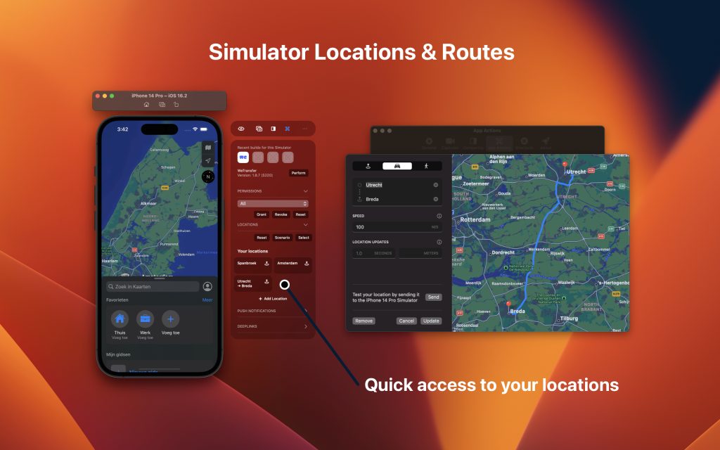 Quick Actions for single locations or routes allow you to simulate the location inside the Simulator.