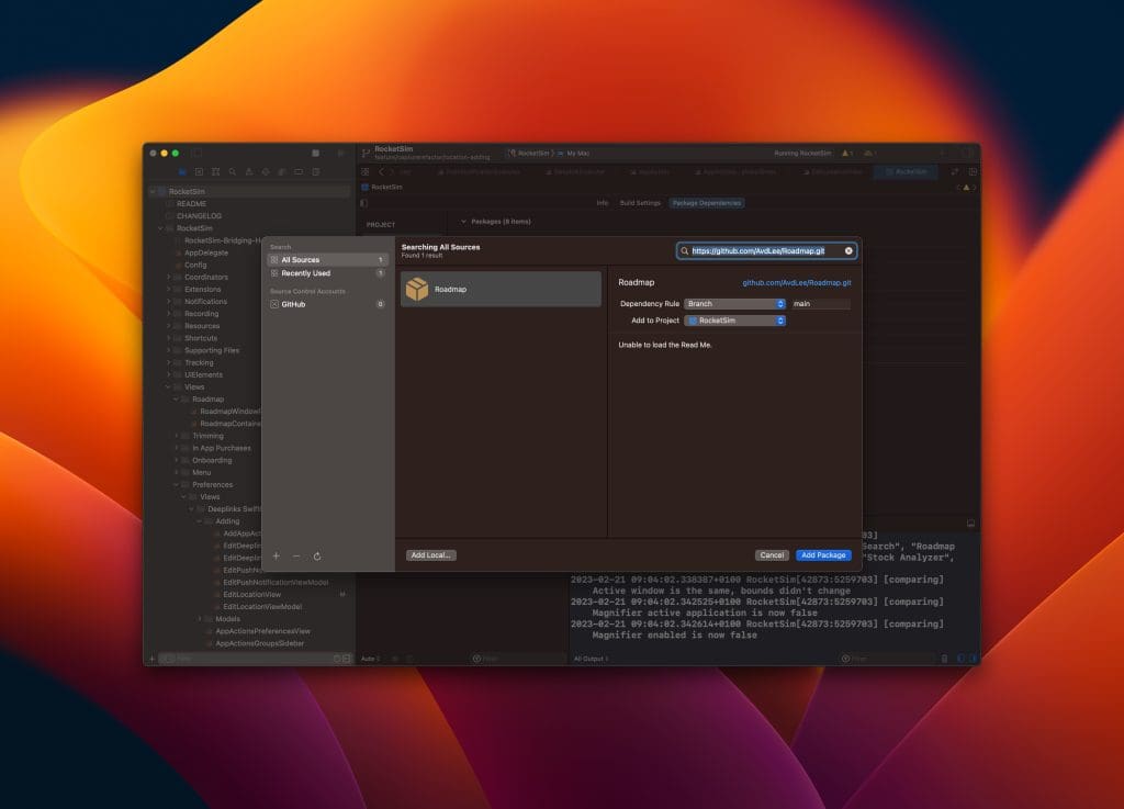 Integrate Roadmap by searching for it inside Xcode's Swift Package Manager.