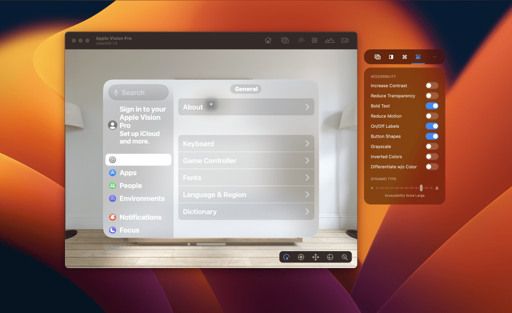 RocketSim supports the visionOS simulator, including testing accessibility features.