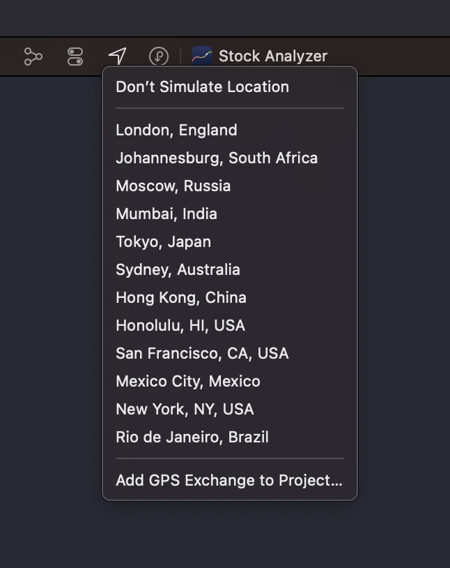 Xcode provides an option for Location Simulation with a few familiar places.