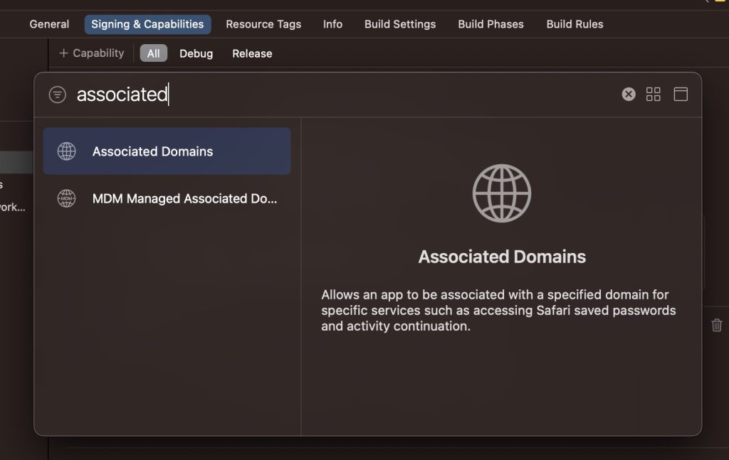 Add the Associated Domain entitlement in Xcode to support Universal Links.